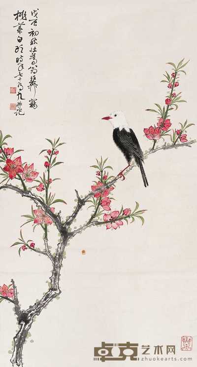 谢稚柳 1988年作 桃花白头 立轴 89×48cm